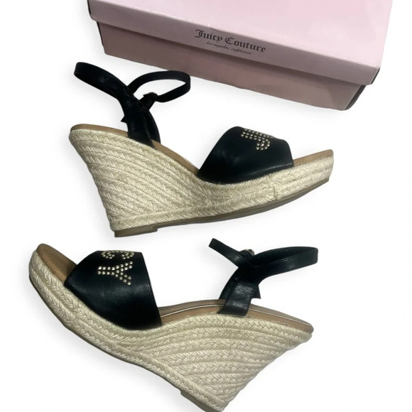 Juicy Couture Black Metal Stud Espadrille Platform Ankle Strap Wedge Sandals 9 - Picture 9 of 14